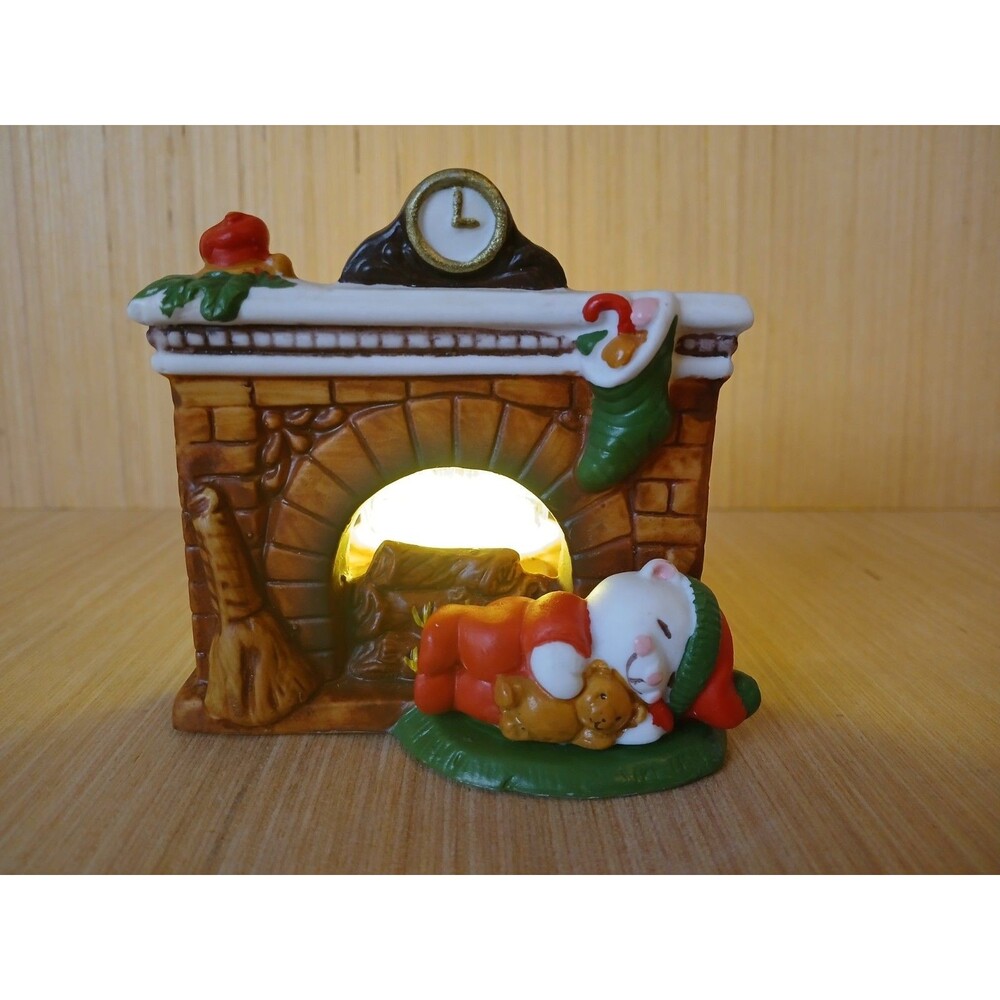 Sleeping Bear Mini Fireplace Christmas Candle Holder Ceramic Vintage Cute